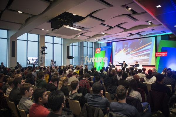 President Joseph E. Aoun hosts a conversation with Joi Ito, director of the MIT Media Lab, and Jeff Howe, assistant professor and director of Media Innovation at Northeastern, on 'the future of future' in 17th floor east village on tuesday. Photo by adam glanzman northeastern university