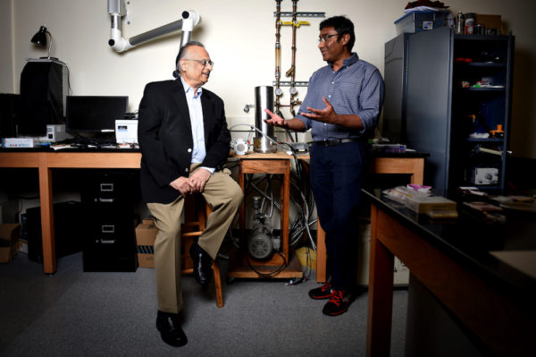 07/24/17 - BOSTON, MA. - Swastik Kar, Associate Professor, and Arun Bansil, University Distinguished Professor, both members of the physics department, pose for a portrait at Northeastern University on July 24, 2017. The pair recently co-authored a paper that opens up a whole new field in condensed matter physics. Photo by Matthew Modoono/Northeastern University