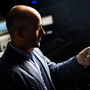 Matteo Rinaldi has developed a new type of sensor that consumes no power whatsoever in standby mode, waking up only when it detects an important event. Photo by Adam Glanzman/Northeastern University