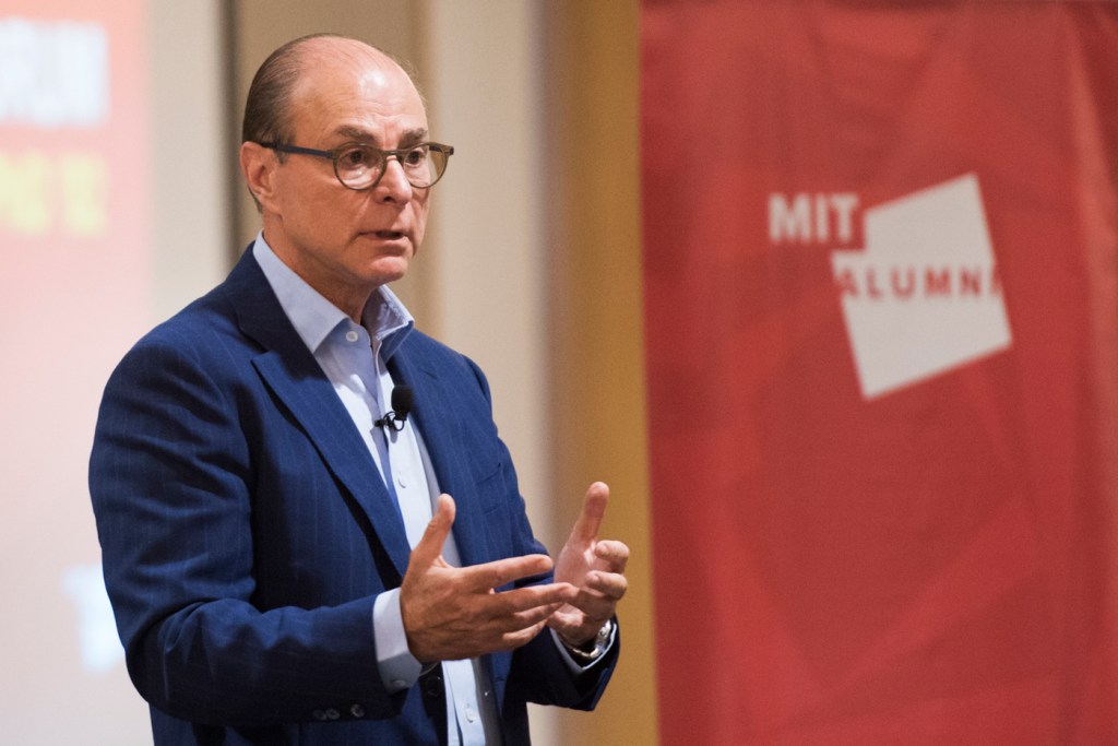 President Aoun talks about his new book at the MIT Samberg Center on Tuesday. "We don’t teach creativity. We don’t teach entrepreneurship. We have to practice it. We have to live it,” Aoun said. Photo by Adam Glanzman/Northeastern University