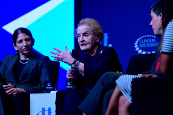 Former U.S. Secretary of State Madeleine K. Albright encouraged students to 'recognize people behind the immigration crisis' during saturday's cgi u morning plenary. photo by matthew modoono northeastern university