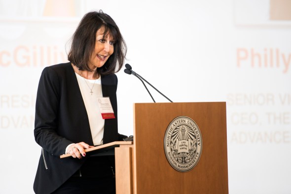 “Each of us has a narrative of our journey that gets reshaped as we go,” said Philomena Mantella, senior vice president and CEO of the Professional Advancement Network at Northeastern. Photo by Adam Glanzman/Northeastern University