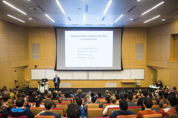 11/16/17 - BOSTON, MA. J. Michael Kosterlitz the 2016 Nobel Laureate for Physics speaks in West Village on Nov. 16, 2017. Photo by Adam Glanzman/Northeastern University