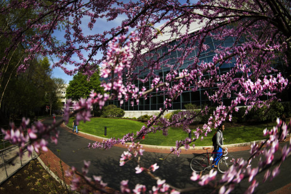 Students walk by Egan on May 7, 2018