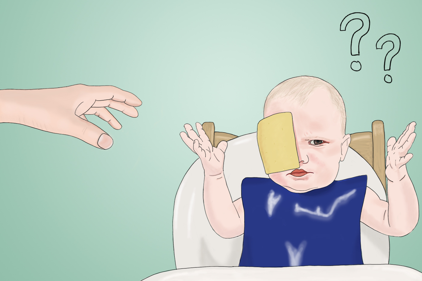 Illustration of cheese being thrown at a baby