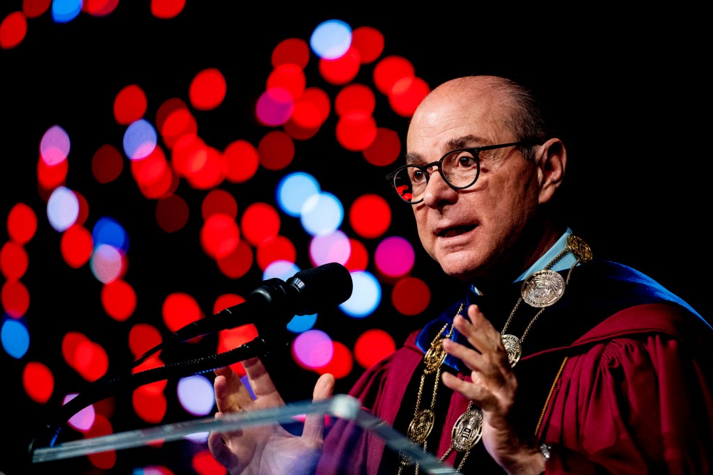 “You see the beauty of this diversity is that each of you is looking at issues, challenges, and opportunities in a different way,” President Joseph E. Aoun told the thousands of freshmen and transfer students who filled Matthews Arena for the President’s Convocation on Tuesday. Photo by Matthew Modoono/Northeastern University