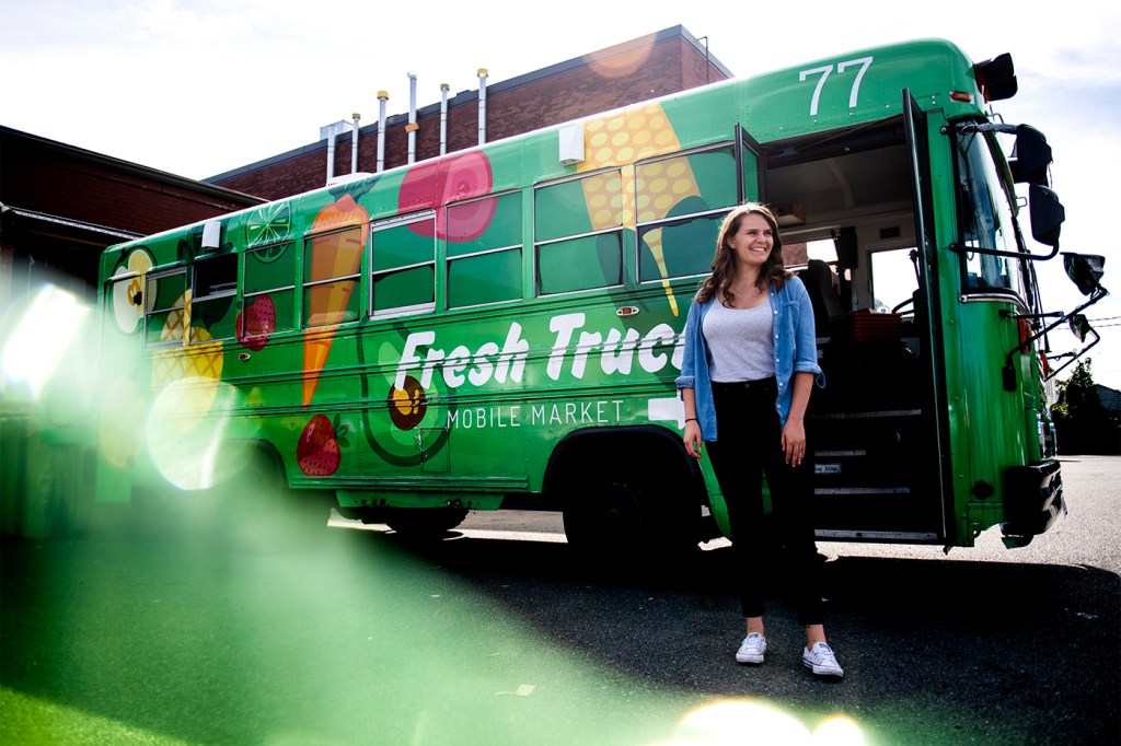 Northeastern graduate Annika Morgan sells fresh produce at discount prices to Boston residents who live in neighborhoods that don’t have grocery stores nearby. “We’ve always been married to our mission: how can we improve health outcomes by increasing food access,” says Morgan. Photo by Ruby Wallau/Northeastern University