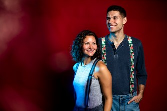 Northeastern graduates Tyler and Tori Farley have created a line of suspenders that, they say, are playful enough to wear with T-shirts and tasteful enough to wear with tuxedos. Photo by Ruby Wallau/Northeastern University