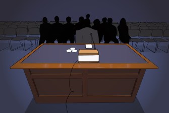 Depiction of an empty seat at a congressional hearing