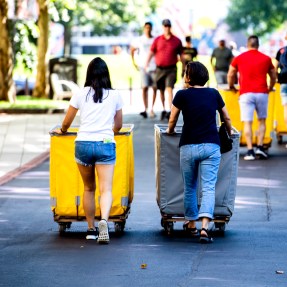 Students walking on campus with moving bins.