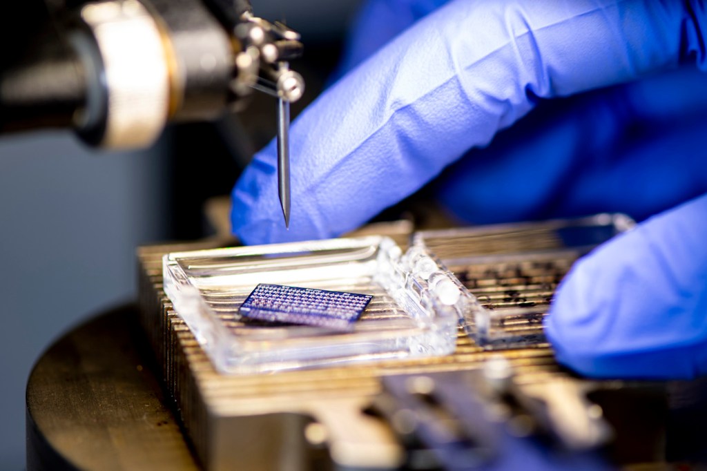 Close-up of a semiconductor chip in Matteo Rinaldi's lab. Rinaldi is a professor of electrical and computer engineering.