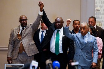 Philonise Floyd, Attorney Ben Crump and the Rev. Al Sharpton courtroom celebrate Chauvin verdict.