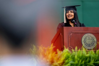 Neha Jain delivered the student address during undergraduate 2021 Commencement ceremonies at Boston's Historic Fenway Park on May 9th. Photo by Ruby Wallau/Northeastern University