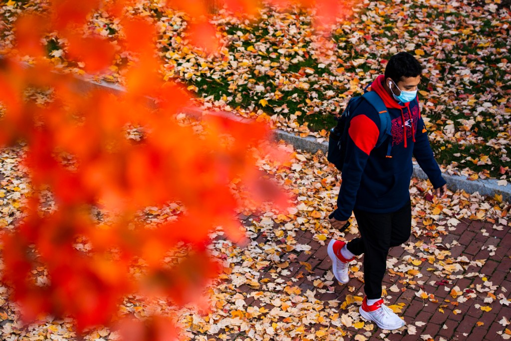 masked man walking through fallen leaves