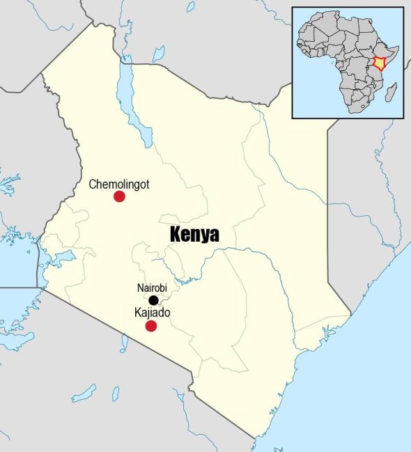 A map of Kenya, and Africa, showing the key locations in the article