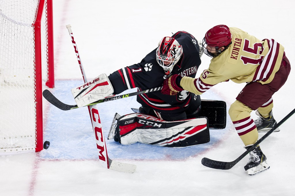 Northeastern goalie Devon Levi in action.