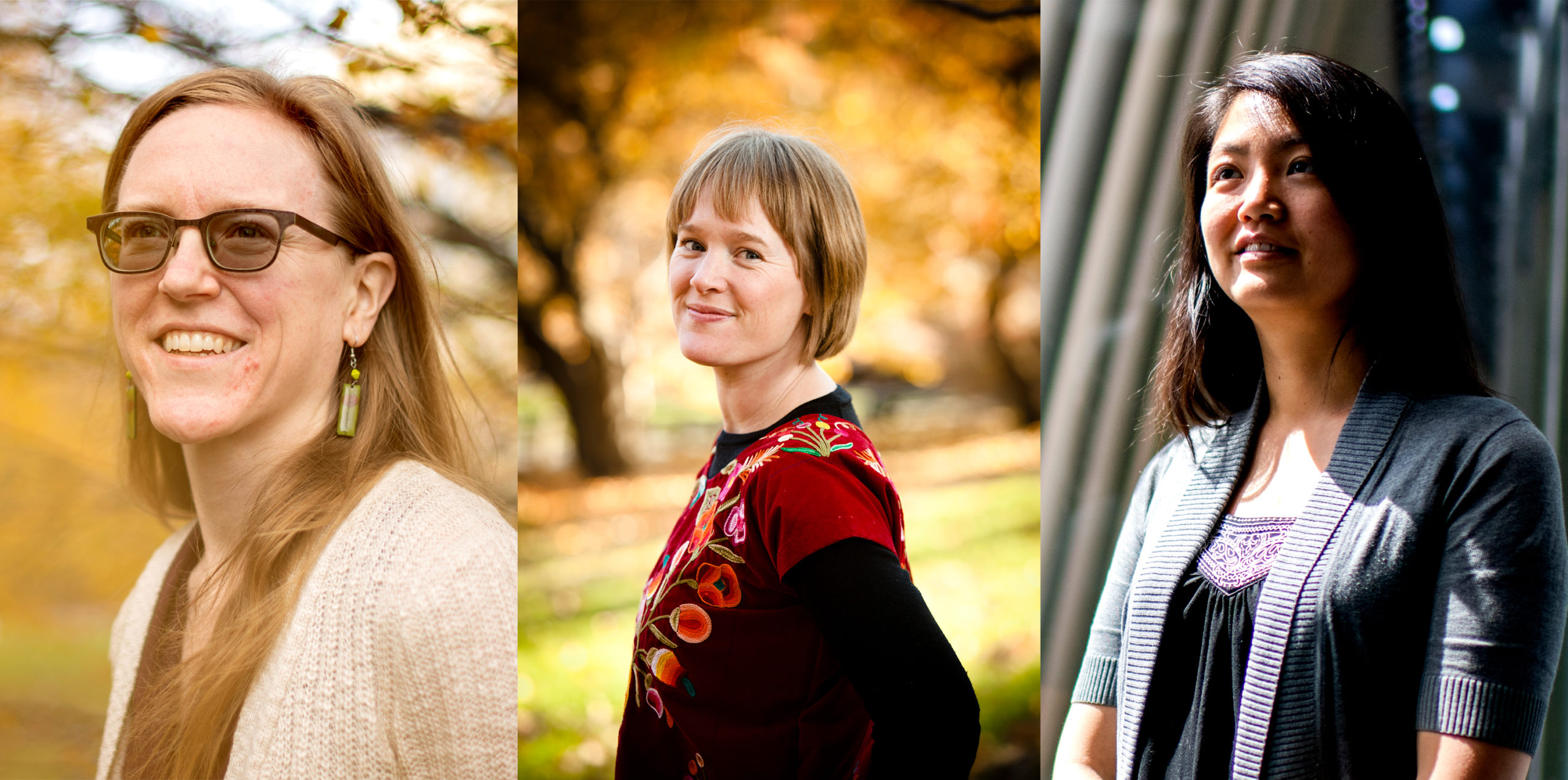 Portraits of music professors Deirdre Loughridge, Anne Hege, and Psyche Loui.