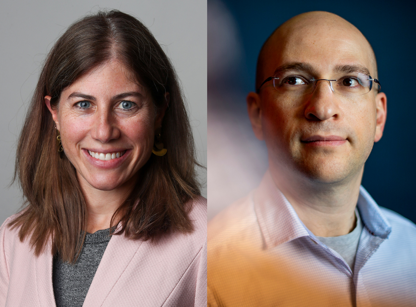 woman with dark hair and man with glasses pose for portraits