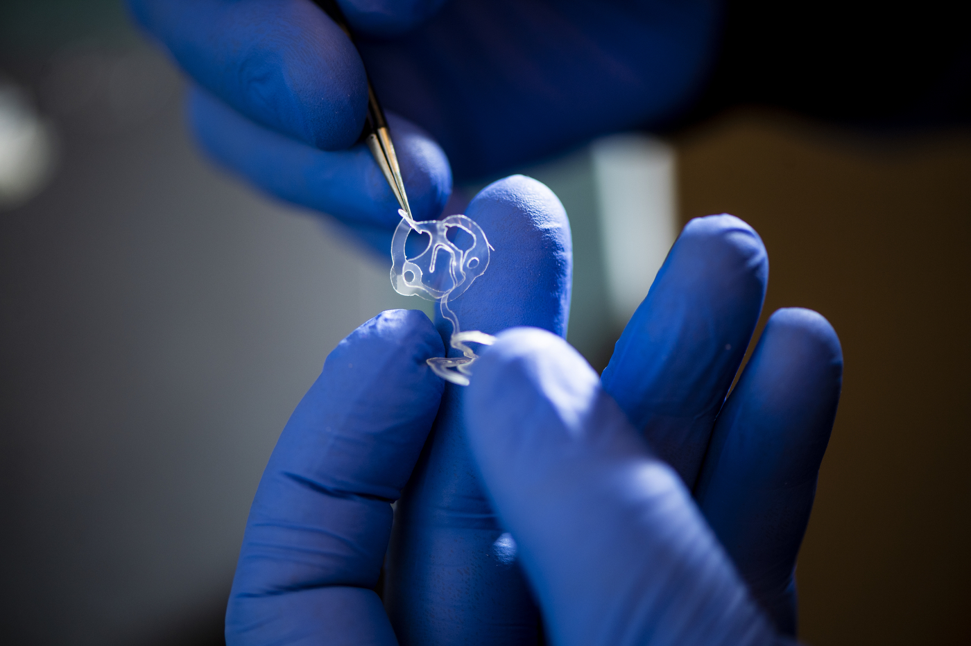 Dan Wilson, a research scientist at Northeastern’s Kostas Research Institute, constructs a wearable UV light sensitive detector.