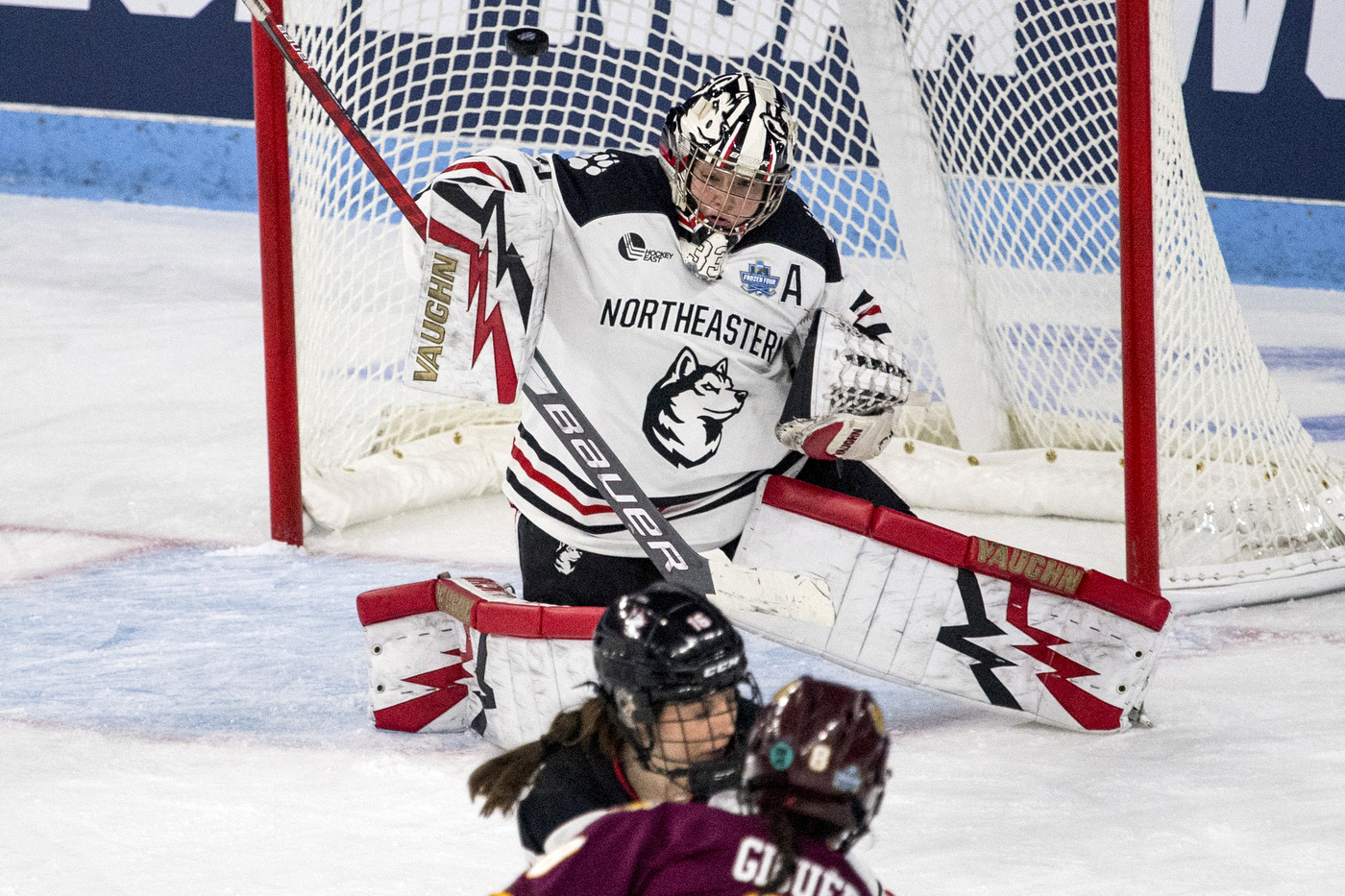 Northeastern goalie Aerin Frankel stops a shot.