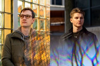 Two separate portraits of two male Northeastern Russian students standing outside