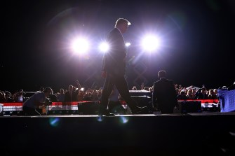 Former U.S. President Donald Trump takes the stage for a "Save America" rally at York Family Farms in Cullman, Alabama.