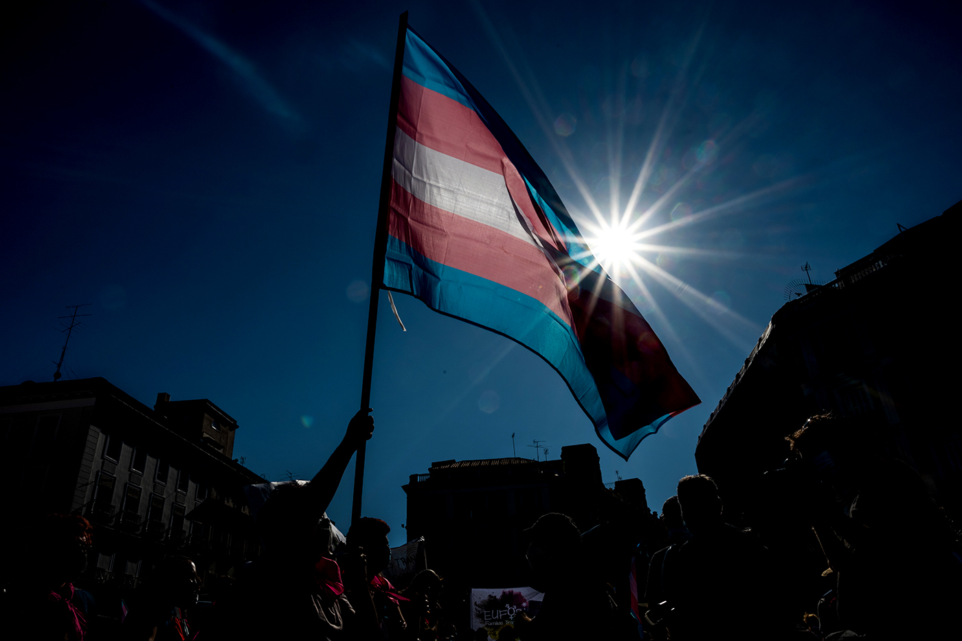 Demonstrator waving the Trans flag