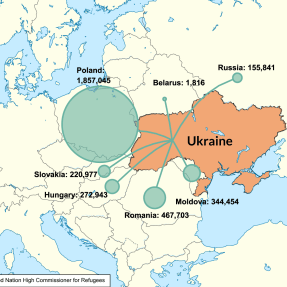 Map of eastern Europe that shows where Ukrainian refugees have fled since Russia invaded the country.