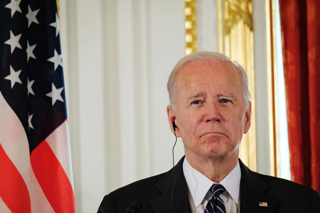 U.S. President Joe Biden listens to a translation at a joint press conference with Japanese Prime Minister Fumio Kishida following their bilateral summit at the Akasaka State Guest House on May 23, 2022 in Tokyo, Japan.