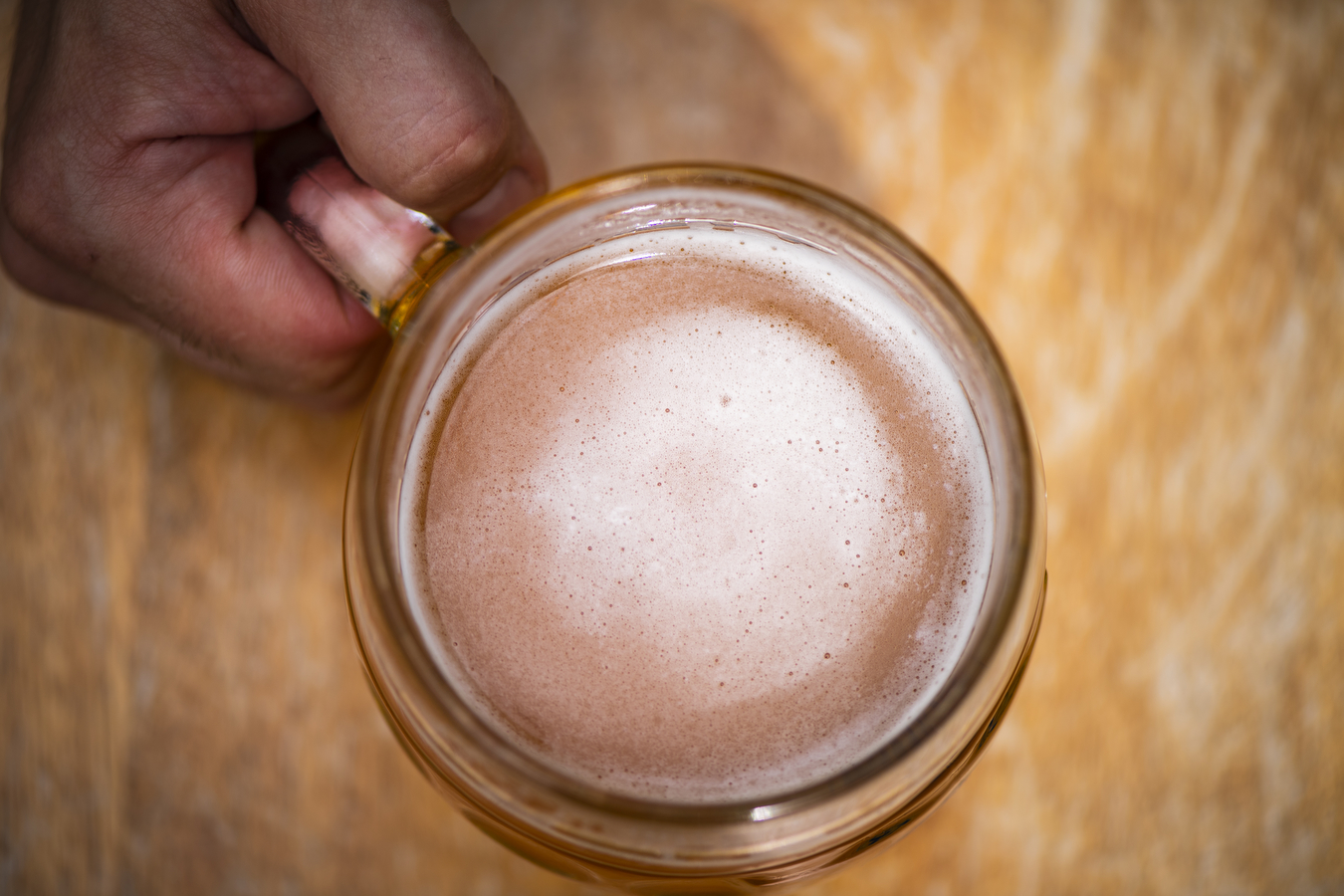 A hand holds a glass of beer. 