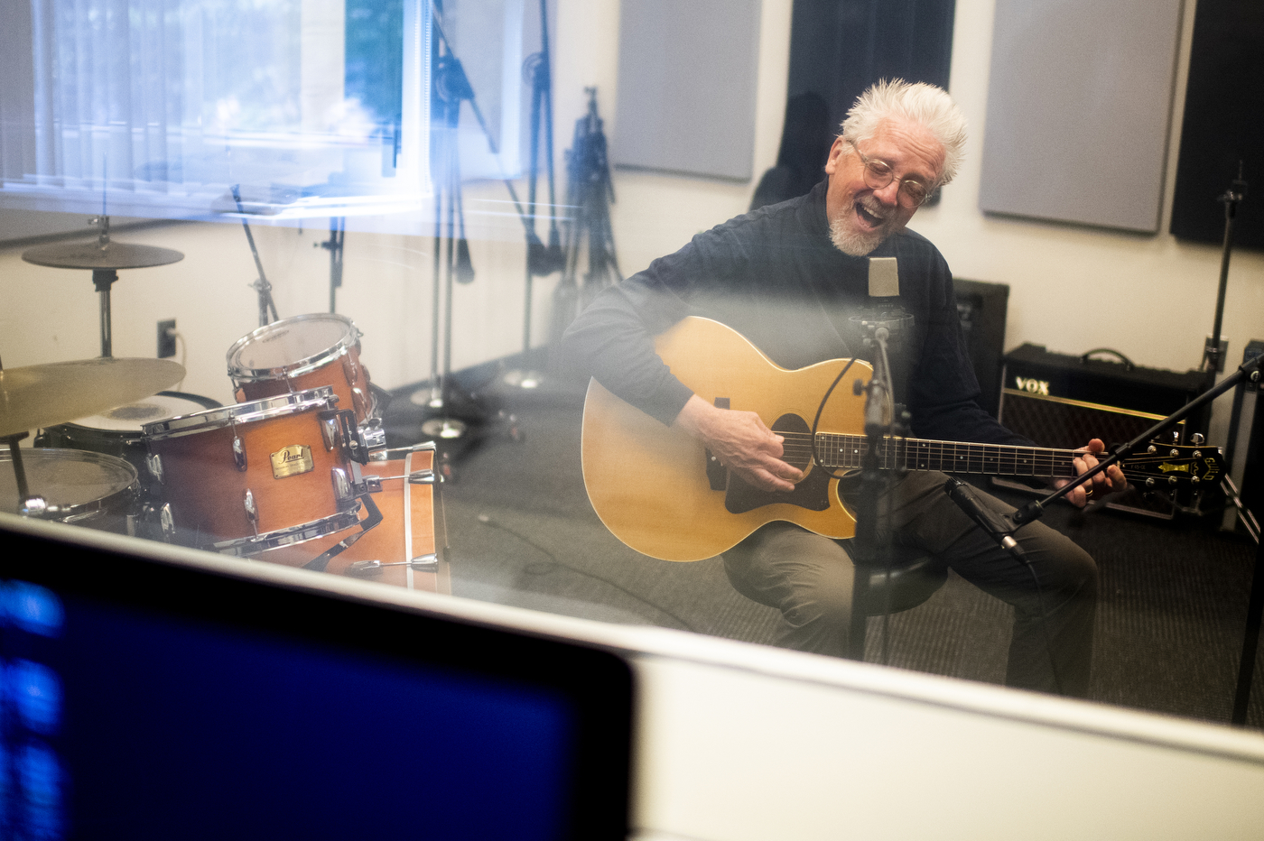 David Herlihy, former frontman for the O Positive band, sings to some music.