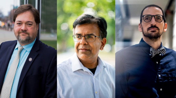 Headshot of Darin Detwiler (left), Mansoor Amiji (middle), and Brandon Dionne (right). 