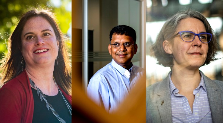 side by side headshots of laura kuhl (left), auroop ganguly (center), and alexandra meise (right)