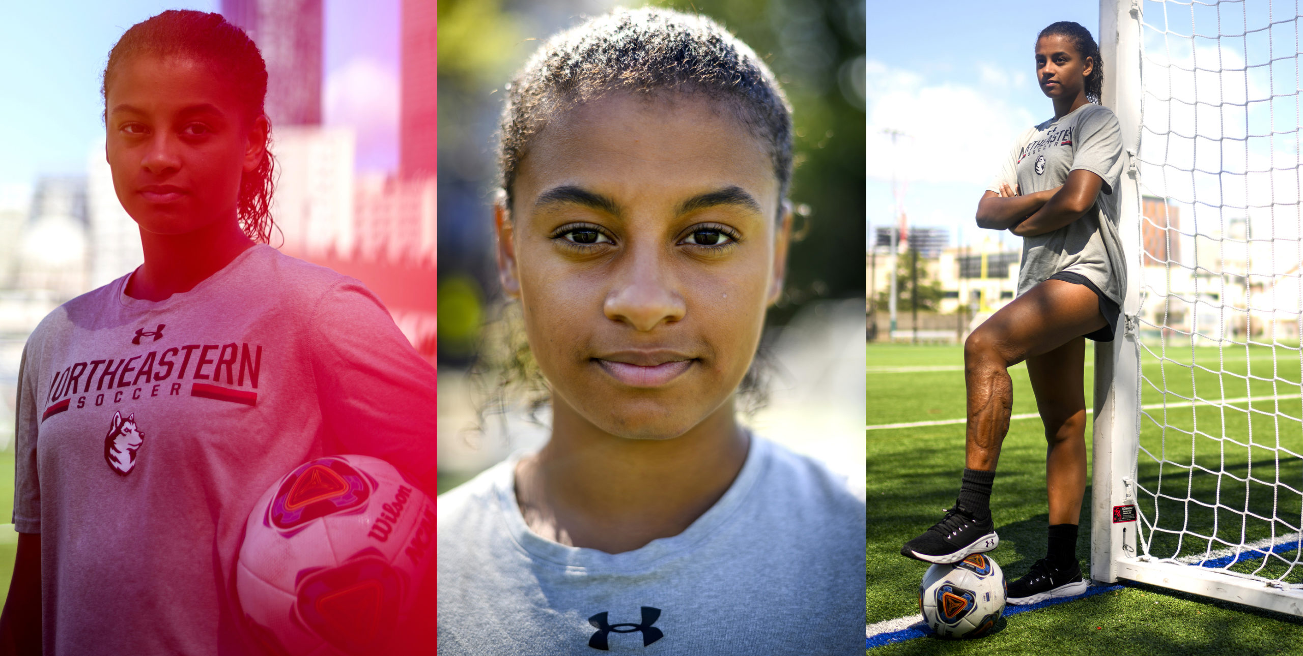 Headshot of Katherine Marchesseault holding a soccer ball (left), close up headshot of Katherine Marchesseault (middle), Katherine Marchesseault leans against a soccer goal post with a soccer ball under her foot (right)