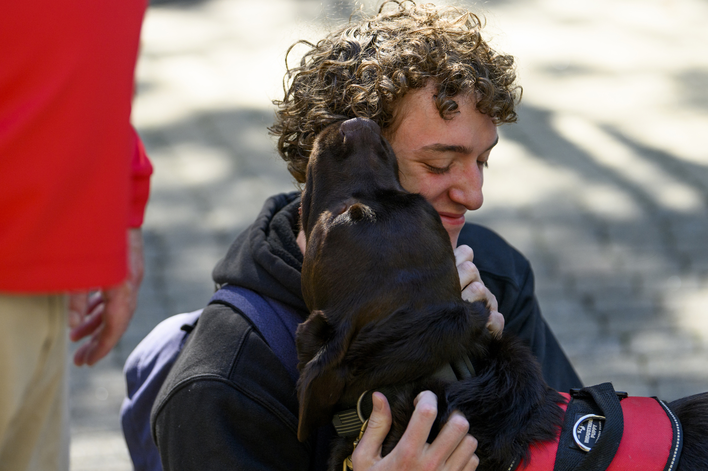 A person wearing a black jacket is holding a brown service dog.