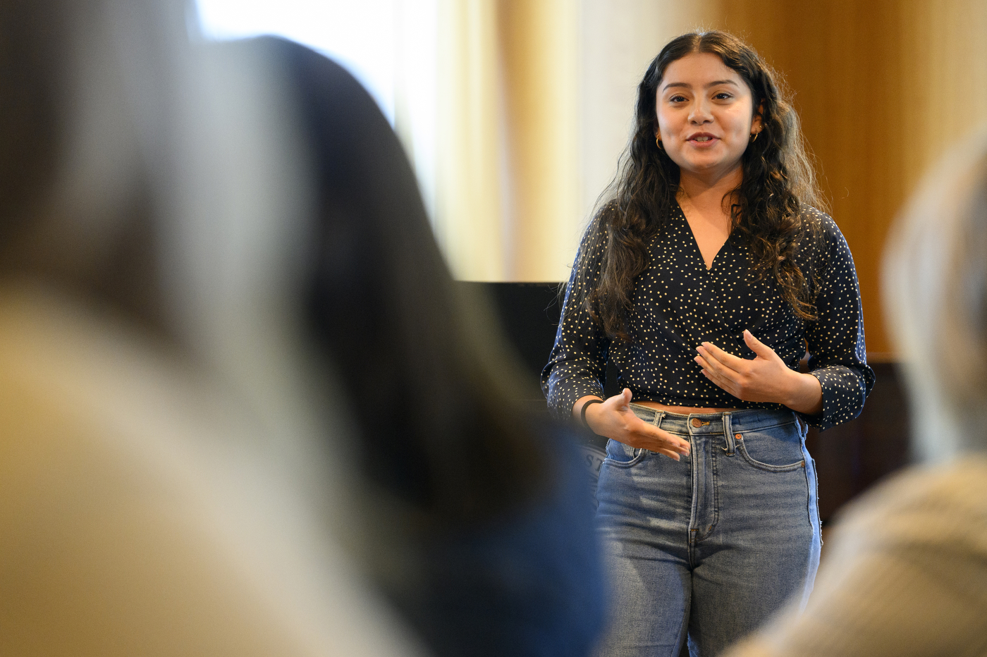 A person is standing and talking to a group of people. 