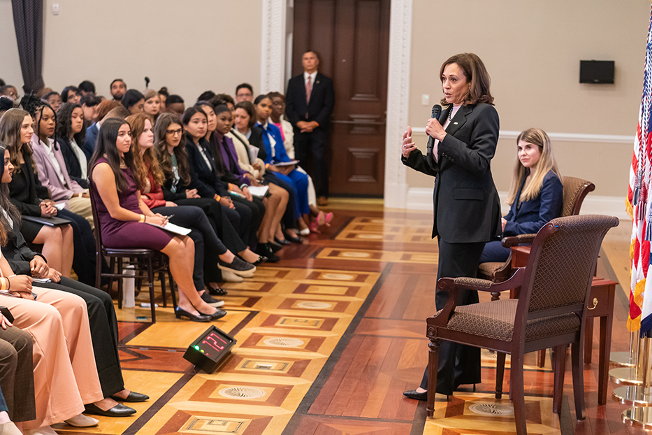 Kamala Harris speaking in front of group of students