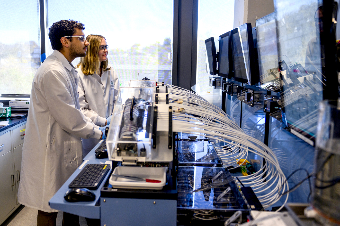 Christopher Forlini and Sarah Tomasco looking at lab screens