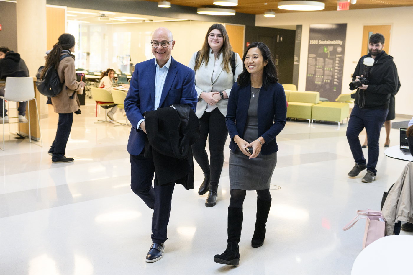 president aoun and mayor michelle wu walking next to each other