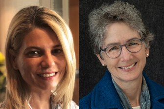 headshot of Irene Panagopoulos and Kathleen Sanborn