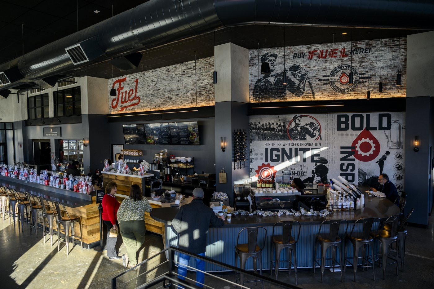 The interior of Fuel America Cafe in the Mercantile Center in Worcester, Massachusetts. 