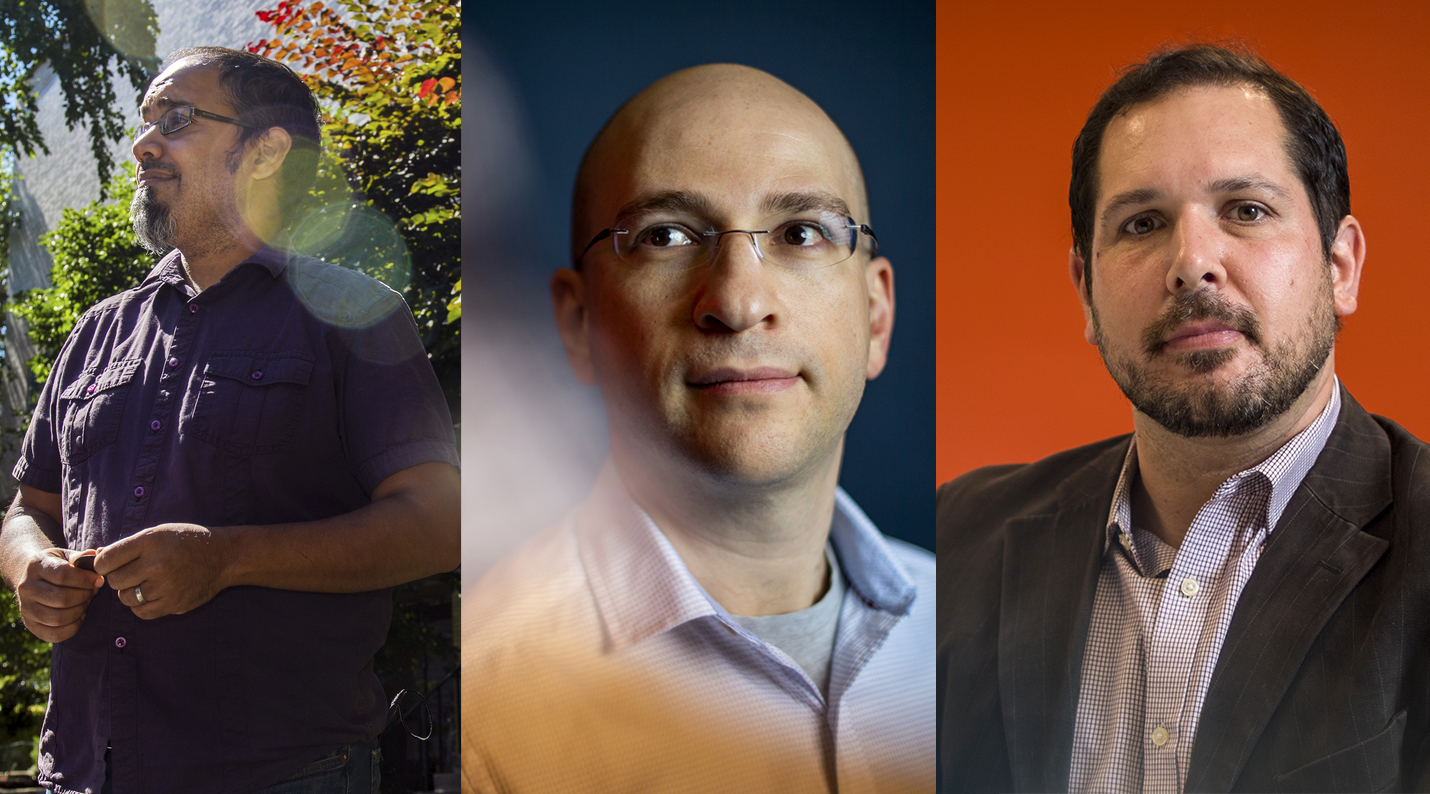 headshot of rahul bhargava (left), yakov bart (center) and john wihbey (right)