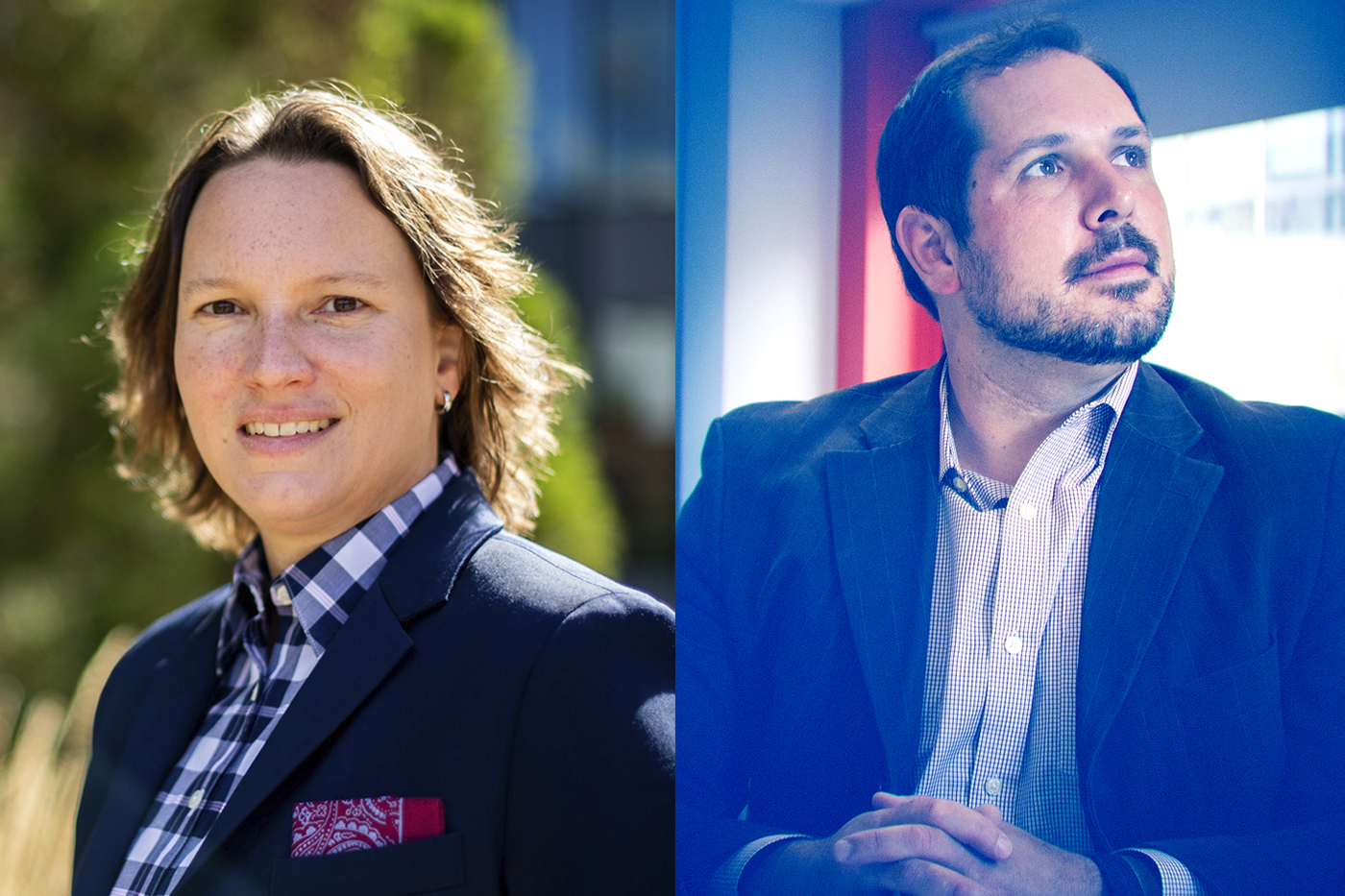 headshot of claudia haupt (left) and john wihbey (right)