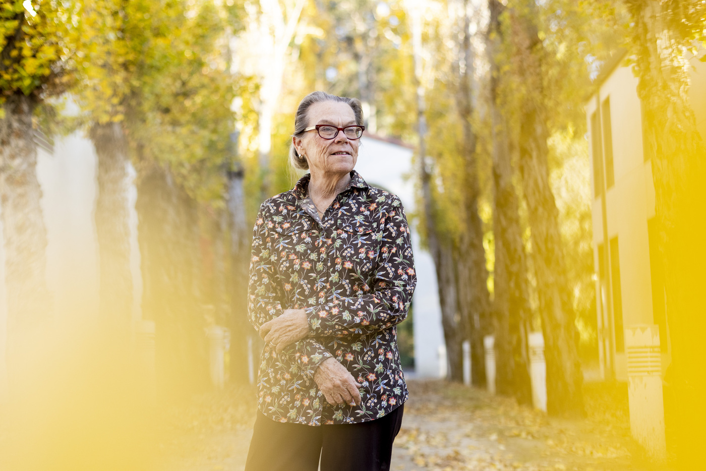 Susan Prier framed by yellow leaves