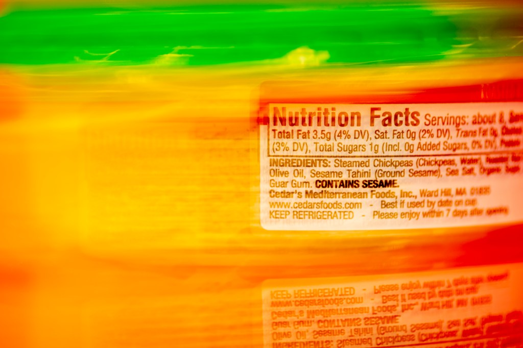 nutrition label on a container of hummus