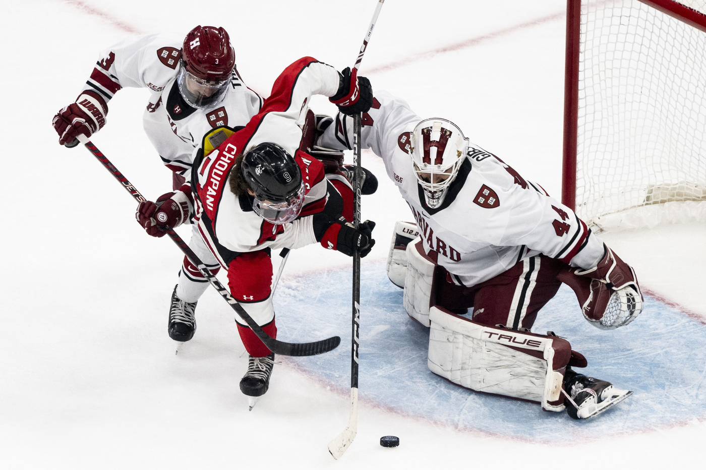 harvard hockey player shooting on northeasterns net