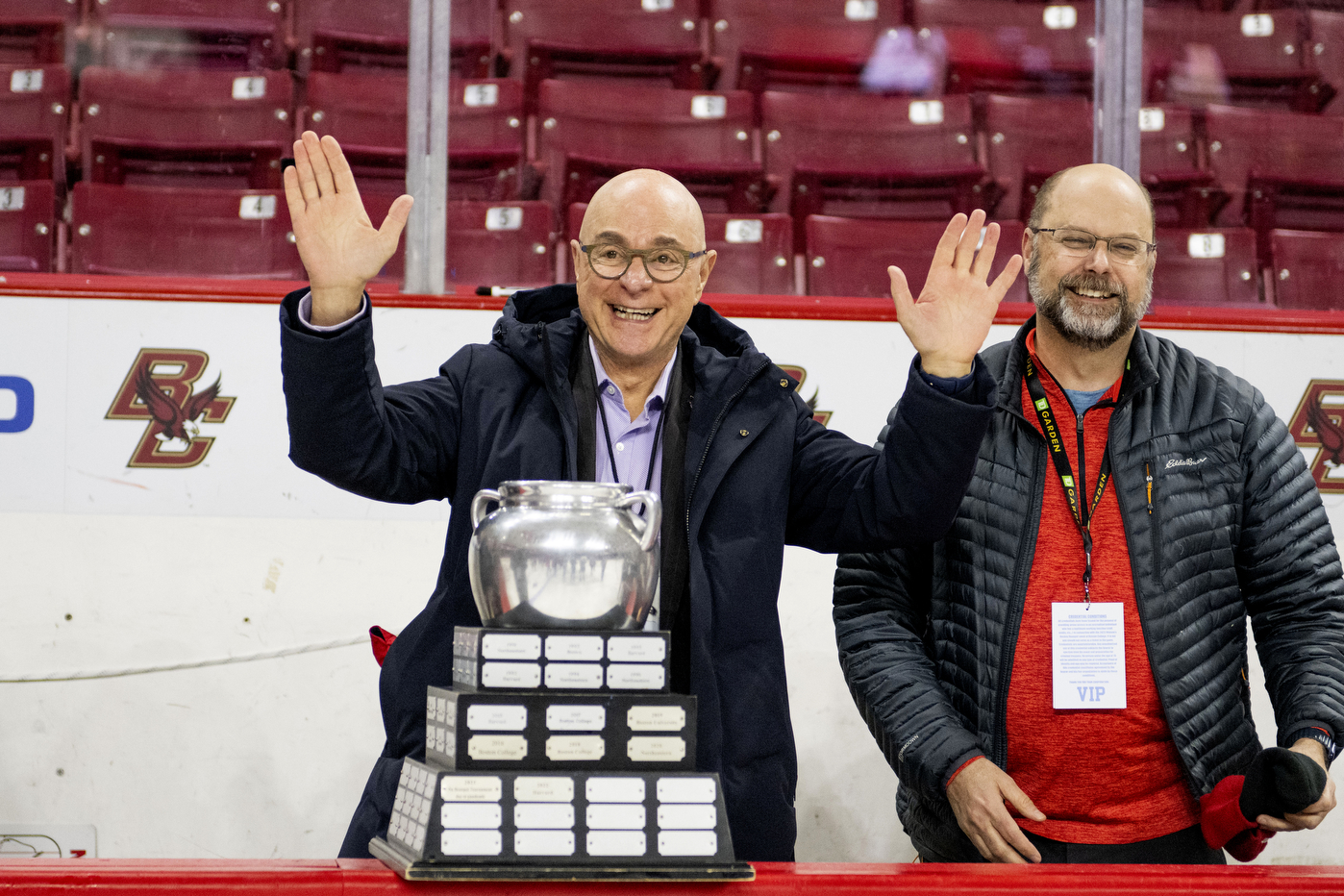 Northeastern President Joseph E. Aoun and Chancellor Ken Henderson smile as the stand behind the Beanpot.