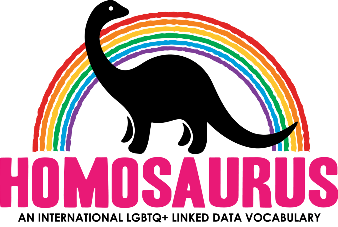 The Homosaurus project logo, featuring a cute dinosaur beneath a rainbow.