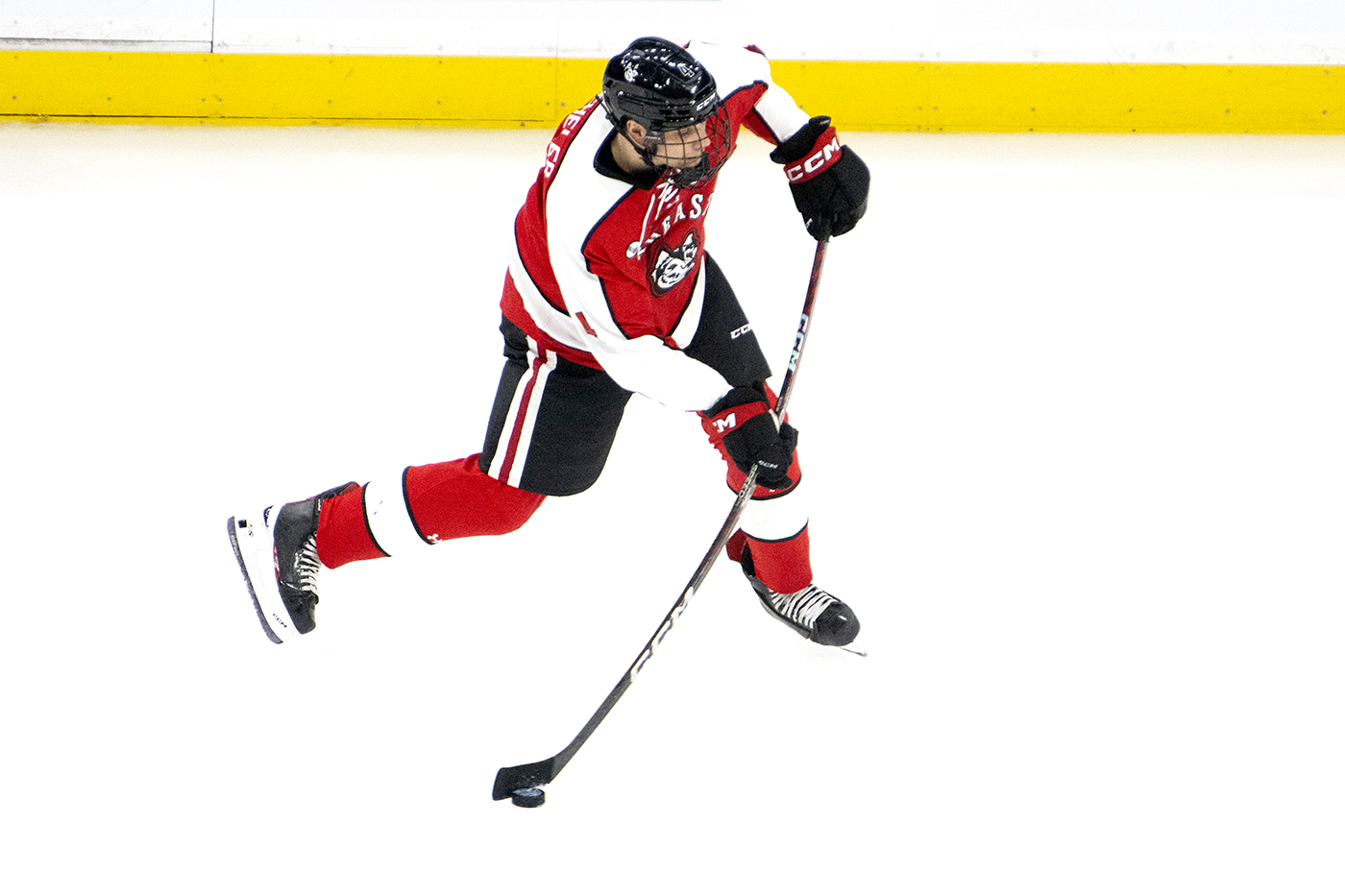 northeastern hockey player taking a slap shot