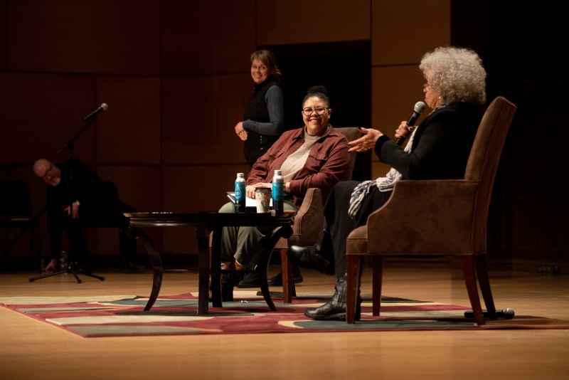 angela davis speaking on stage at mills college at northeastern